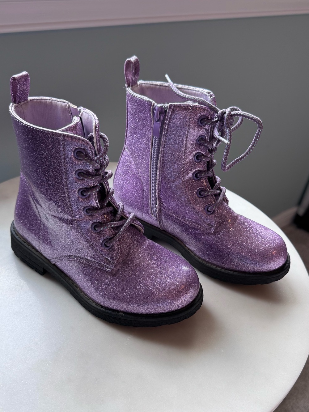Girls Glitter Lace-Up Combat Boots - Purple sparkle EUC